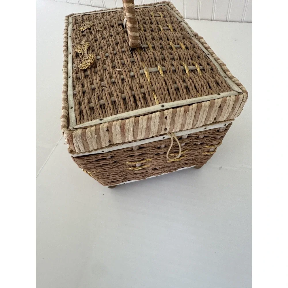 Vintage Sewing Basket Notions Box Woven Decorative Trinket Storage Used Grandma